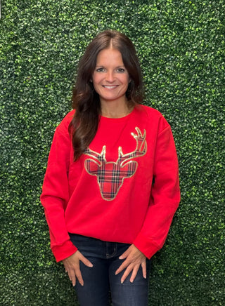 Fit | Relaxed crew silhouette
Sleeve | Long sleeve
Detail | Plaid reindeer with gold sequin trim
Color | Red
