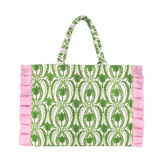 Ruffle Tote - Textured Palm Stripe
Pattern | Textured Palm Stripe
Material | Durable canvas
Dimensions | 20" x 14" x 9" (50.8 cm x 35.56 cm x 22.86 cm)
Handles | Sturdy tube handles for comfortable carrying
Details | Feminine ruffle trim detailing
Best For | Beach days, errands, travel, and everyday outings