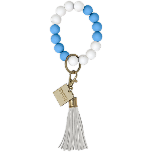 Silicone Beaded Bracelet Key Chain-Carolina Blue/White