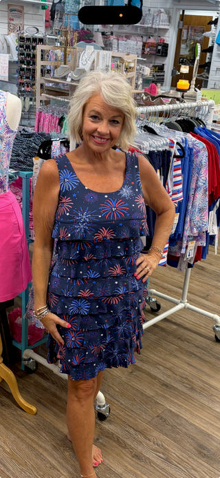 Lulu-B Cha Cha sleeveless dress with scoop neckline, front and back ruffle details, straight hemline, flattering fit, lightweight comfortable dress for travel, vacations, resort wear, and everyday style.