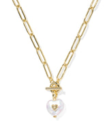 Kendra Scott Sasha Gold Heart Link Necklace with heart-shaped freshwater cultured pearl on a gold paperclip chain and toggle closure.
Kendra Scott necklace, gold heart necklace, pearl heart necklace, freshwater pearl jewelry, toggle chain necklace, paperclip chain necklace, trendy gold jewelry, women’s statement necklace, Sweet Southern Charm jewelry
