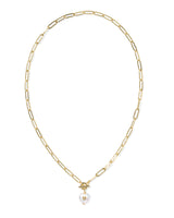 Kendra Scott Sasha Gold Heart Link Necklace with heart-shaped freshwater cultured pearl on a gold paperclip chain and toggle closure.
Kendra Scott necklace, gold heart necklace, pearl heart necklace, freshwater pearl jewelry, toggle chain necklace, paperclip chain necklace, trendy gold jewelry, women’s statement necklace, Sweet Southern Charm jewelry
