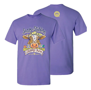 Purple tee with cow.  I call that country charm saying.