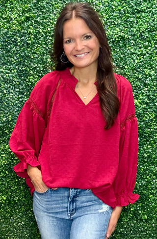 Scarlet Red Puff Sleeve Blouse with lace detail in the sleeves, ruffle vneck neckline, ruffle sleeve trim detail