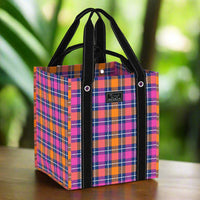 Plaid patterned tote bag with black handles 
reusable bag
plaid