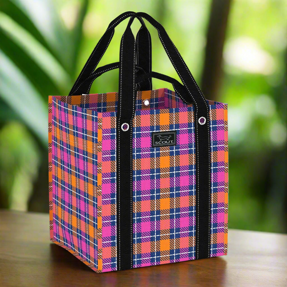 Plaid patterned tote bag with black handles 
reusable bag
plaid