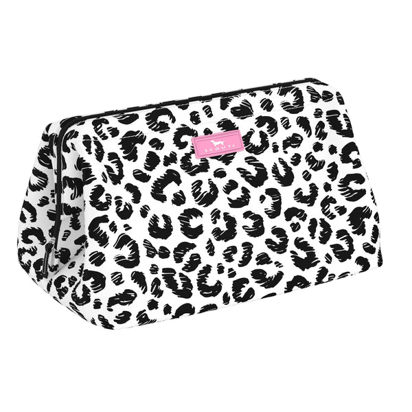 Leopard print pouch with a pink label on a white background