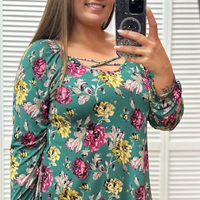 Green Floral Ribbed Top