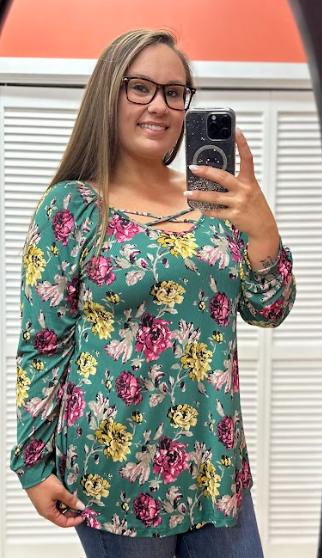 Green Floral Ribbed Top