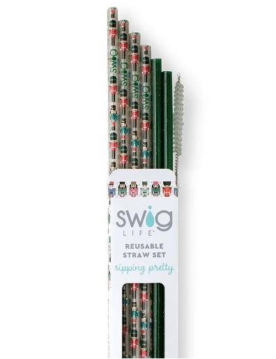 Classic Nutcracker + Green Glitter Reusable Straw Set