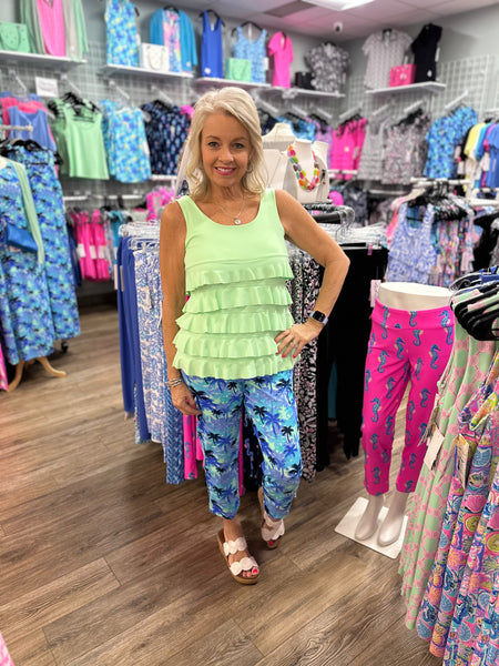 Lulu-B Clothing 
Secret Detail Pocket Capri
Style SPX1521
Blue Palm Tree Print
