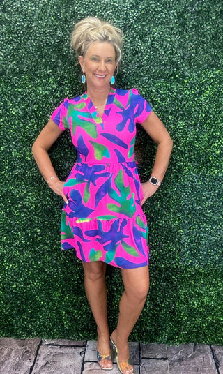 Short Sleeve Tiered Dress - Pink Palm Parade