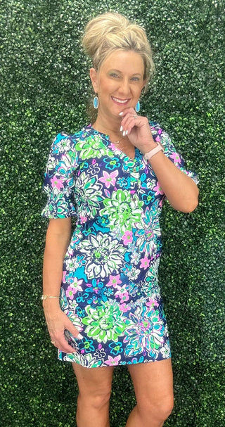 Sienna Ruffle Sleeve Dress - Midnight Garden Pop