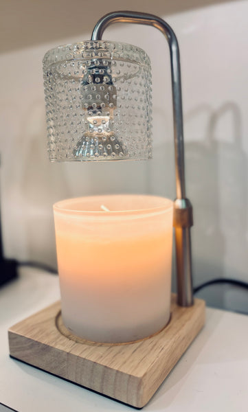 Silver Hobnail Glass Candle Warmer Lamp with top-down technology, adjustable stem, and timer/dimmer switch. Safe, flameless fragrance—bulb included.