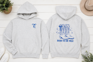 Simply Southern Hoodie 
Embroidered design: Blue bow on front right chest & back design: born to be wild with cowboy boots 
stitched on a grey hoodie
