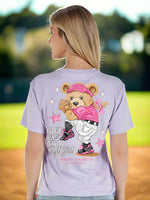 Simply Southern Tee
Bear Ball 
Give Me Your Best Shot 
Bear wearing softball uniform 
Printed on a lilac tee
