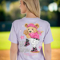 Simply Southern Tee
Bear Ball 
Give Me Your Best Shot 
Bear wearing softball uniform 
Printed on a lilac tee