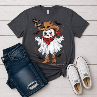 Simply Southern Boo Haw front pattern tee. printed on a dark grey tee featuring a western ghost wearing a red scarf