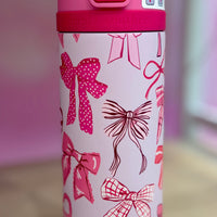 Pink water bottle with bow pattern