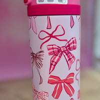 Pink water bottle with bow pattern