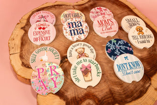 Simply Southern Car Coasters – 2.75"x0.25" absorbent stone inserts, fit any car cup holder, available in 14 designs from Sweet Southern Charm
