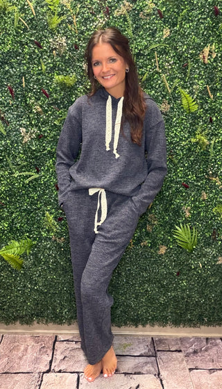 Fabric | Soft corded stretch blend
Fiber Content | 89% polyester, 8% rayon, 3% spandex
Design | Navy colorway with cream lace drawstring