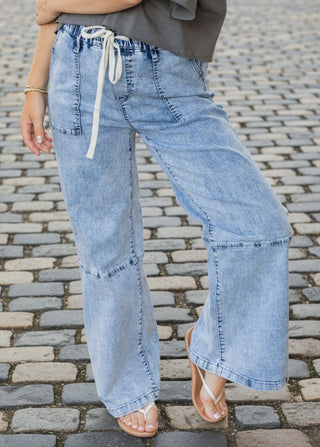 Simply Southern acid wash utility pants with wide leg and drawstring waistband.