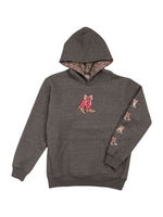 Gray hoodie with embroidered designs on a white background

