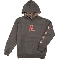 Gray hoodie with embroidered designs on a white background
