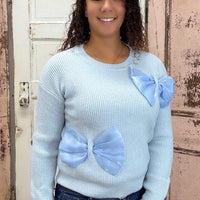 Elliana Sweater
Delicate and cozy, the Elliana Sweater features elegant organza bow detailing that adds a feminine touch to your wardrobe. Designed with a classic crew neckline and a relaxed, loose-body fit, it’s perfect for layering over jeans or leggings for a chic everyday look.