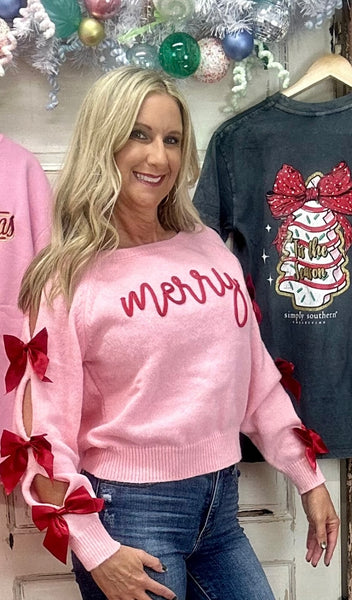 The eyva sweater features bow closure sleeves, raglan sleeve, round neckline and cropped fit. Made of 100% polyester.
Simply Southern Sweater 
Christmas Sweater 
Bows 
Trendy Sweater