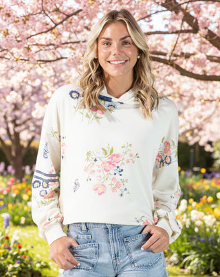 Simply Southern relaxed floral hoodie with drop shoulders and logo label.