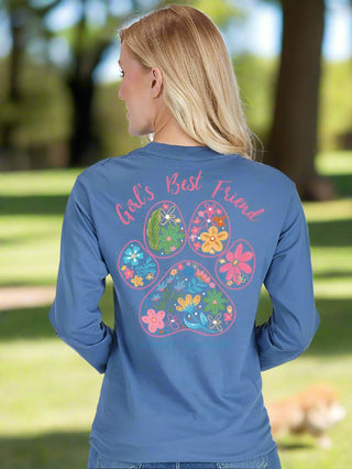 Blue long-sleeve shirt with paw design and 'Girl's Best Friend' 
