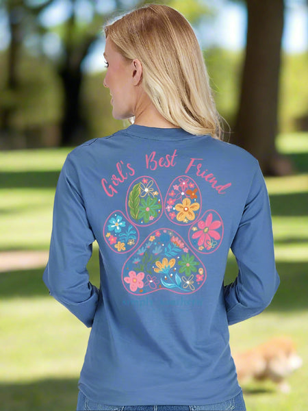 Blue long-sleeve shirt with paw design and 'Girl's Best Friend' 