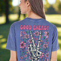 Simply Southern Good Energy is Contagious Tee
Printed on a washed navy tee 
floral details 
Bone Peace Sign on back