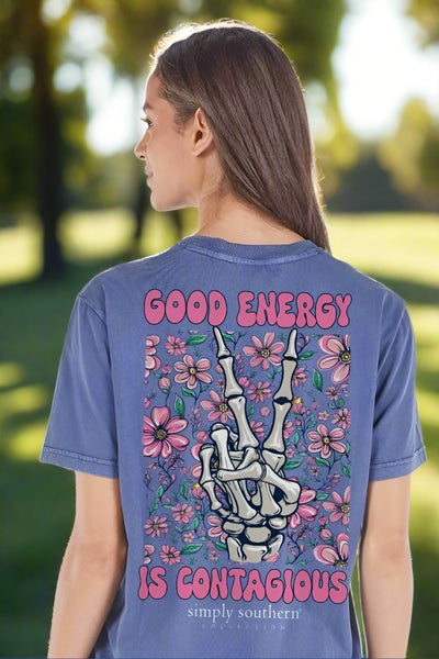 Simply Southern Good Energy is Contagious Tee
Printed on a washed navy tee 
floral details 
Bone Peace Sign on back