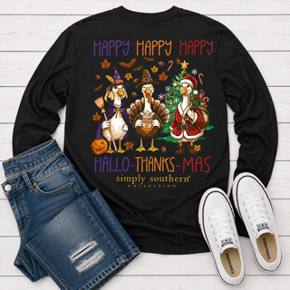 The shirt features a colorful Halloween-Thanksgiving-Mas graphic with three cartoon turkeys and the text 'HAPPY HALLO-THANKS-MAS' and 'simply southern COLLECTION'.