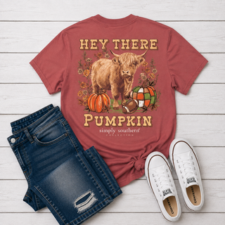 rust red graphic t-shirt featuring a highland cow, pumpkins, football and autumn leaves