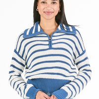 Simply Southern Iris Sweater with quarter-zip, oversized collar, cropped design, and logo label – cotton blend pullover from Sweet Southern Charm