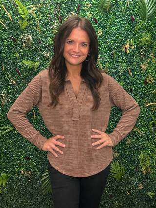 Knit V-Neck Top - Brown