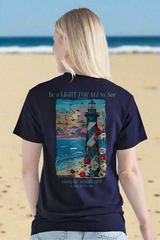 Simply Southern Short Sleeve Tee 
Be the light for all to see 
lighthouse tee 
beach tee 
flower detail 
simply southern light tee