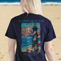 Simply Southern Short Sleeve Tee 
Be the light for all to see 
lighthouse tee 
beach tee 
flower detail 
simply southern light tee