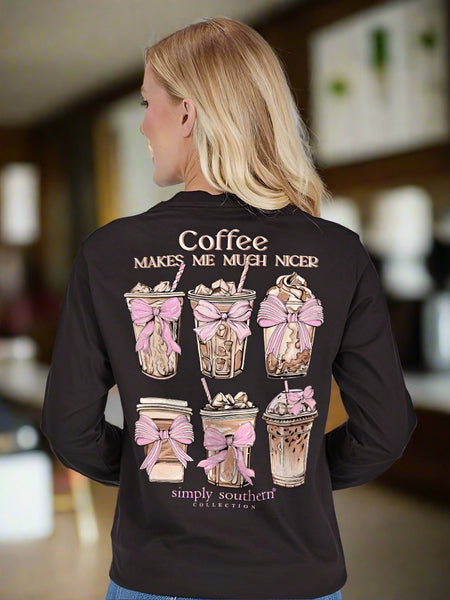 Black long-sleeve shirt with coffee-themed design and 'Simply Southern' text on a plain background