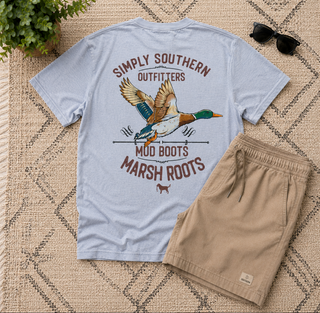 Simply Southern Short Sleeve Tee
featuring a mallard duck with the saying mud. boots and marsh roots