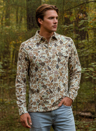 Mens long sleeve polo 
light colored camo pattern