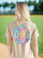 Simply Southern Tee
Baseball/Softball with bow 
patchwork flower detail on the ball 
printed on a tan color tee
