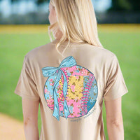 Simply Southern Tee
Baseball/Softball with bow 
patchwork flower detail on the ball 
printed on a tan color tee