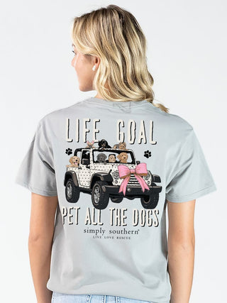 Grey Simply Southern Short Sleeve Tee that says "Life Goal Pet All Dogs". Featuring a white and black polka dot jeep with a big pink bow on the front with a bunch of dogs inside the jeep. 

Simply Southern tee, dog lover shirt, pet all dogs t-shirt, women's graphic tee, 100% cotton southern shirt, rescue dog apparel, gift for dog moms.