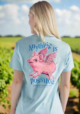 Simply Southern 
short sleeve tee
printed on an ice blue tee
features a flying pig 
