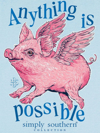 Simply Southern 
short sleeve tee
printed on an ice blue tee
features a flying pig 
